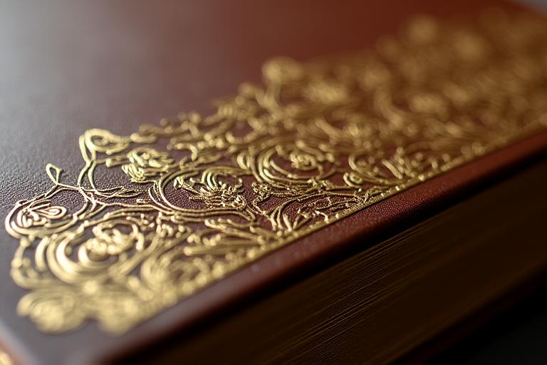 Close up of a hand-tooled leather book spine with gold inlay